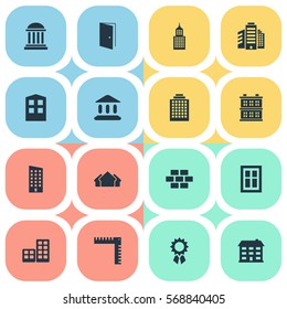 Set Of 16 Simple Construction Icons. Can Be Found Such Elements As Glazing, School, Shelter And Other.