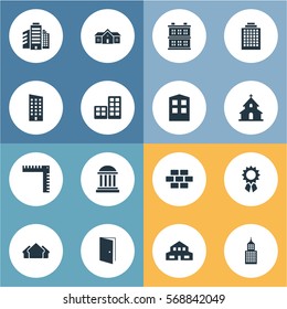 Set Of 16 Simple Construction Icons. Can Be Found Such Elements As Block, Gate, Academy And Other.