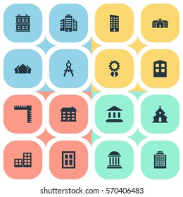 Set Of 16 Simple Construction Icons. Can Be Found Such Elements As Block, School, Residence And Other.