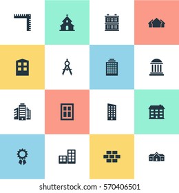 Set Of 16 Simple Construction Icons. Can Be Found Such Elements As Reward, Superstructure, Length And Other.