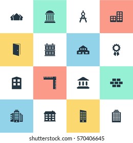 Set Of 16 Simple Construction Icons. Can Be Found Such Elements As Gate, Engineer Tool, Floor And Other.