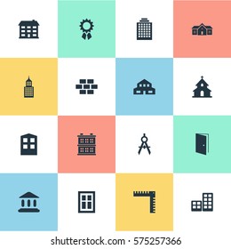 Set Of 16 Simple Construction Icons. Can Be Found Such Elements As Residence, Construction, School And Other.