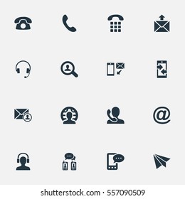 Set Of 16 Simple Contact Icons. Can Be Found Such Elements As House Phone, Earphone, Monitor And Other.