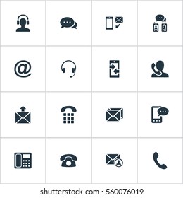 Set Of 16 Simple Contact Icons. Can Be Found Such Elements As Epistle Author, Earpiece, Monitor And Other.