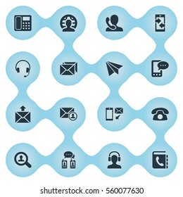 Set Of 16 Simple Contact Icons. Can Be Found Such Elements As New-Come Letter, Correspondence, Telephone And Other.