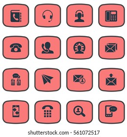 Set Of 16 Simple Contact Icons. Can Be Found Such Elements As Telephone Directory, Earpiece, Monitor And Other.