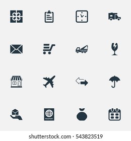 Set Of 16 Simple Conveyance Icons. Can Be Found Such Elements As Day, Pushcart, Airline And Other.