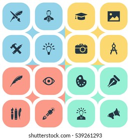 Set Of 16 Simple Creative Thinking Icons. Can Be Found Such Elements As Design Instruments, Photo Tool, Entrepreneur And Other.