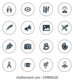 Set Of 16 Simple Creative Thinking Icons. Can Be Found Such Elements As Image, Plume, Leader And Other.