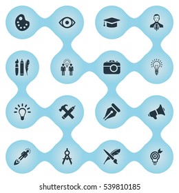 Set Of 16 Simple Creative Thinking Icons. Can Be Found Such Elements As Academic Cap, Project Aim, Business Discussion And Other.