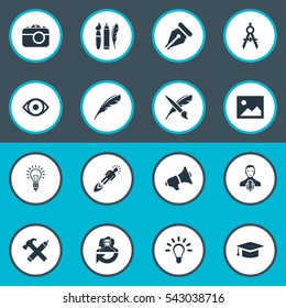 Set Of 16 Simple Creative Thinking Icons. Can Be Found Such Elements As Academic Cap, Writing Tool, Lightbulb And Other.