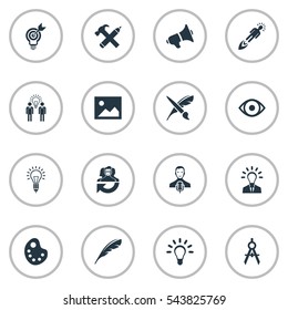 Set Of 16 Simple Creative Thinking Icons. Can Be Found Such Elements As Brush, Image, Plume And Other.