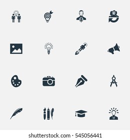 Set Of 16 Simple Creative Thinking Icons. Can Be Found Such Elements As Performance, Plume, Bullhorn And Other.