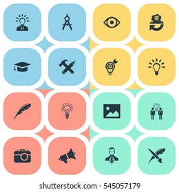 Set Of 16 Simple Creative Thinking Icons. Can Be Found Such Elements As Leadership, Project Aim, Business Discussion And Other.