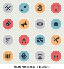 Set Of 16 Simple Creative Thinking Icons. Can Be Found Such Elements As Business Discussion, Project Aim, Writing Tool And Other.