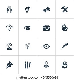Set Of 16 Simple Creative Thinking Icons. Can Be Found Such Elements As Design Instruments, Leader, Lightbulb And Other.
