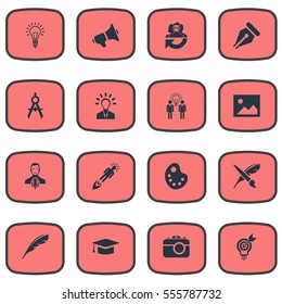 Set Of 16 Simple Creative Thinking Icons. Can Be Found Such Elements As Entrepreneur, Plume, Dividers And Other.