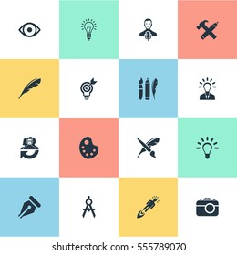 Set Of 16 Simple Creative Thinking Icons. Can Be Found Such Elements As Brush, Lightbulb, Pencil And Other.