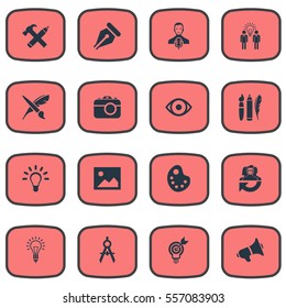 Set Of 16 Simple Creative Thinking Icons. Can Be Found Such Elements As Lightbulb, Image, Pencil And Other.