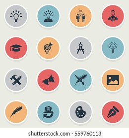 Set Of 16 Simple Creative Thinking Icons. Can Be Found Such Elements As Brush, Image, Dividers And Other.