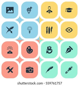 Set Of 16 Simple Creative Thinking Icons. Can Be Found Such Elements As Design Instruments, Plume, Academic Cap And Other.