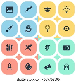 Set Of 16 Simple Creative Thinking Icons. Can Be Found Such Elements As Plume, Dividers, Lightbulb And Other.