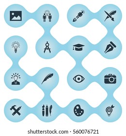 Set Of 16 Simple Creative Thinking Icons. Can Be Found Such Elements As Pencil, Leader, Plume And Other.