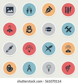 Set Of 16 Simple Creative Thinking Icons. Can Be Found Such Elements As Writing Tool, Image, Leader And Other.