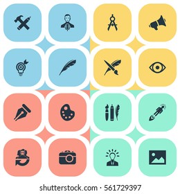 Set Of 16 Simple Creative Thinking Icons. Can Be Found Such Elements As Bullhorn, Brush, Performance And Other.