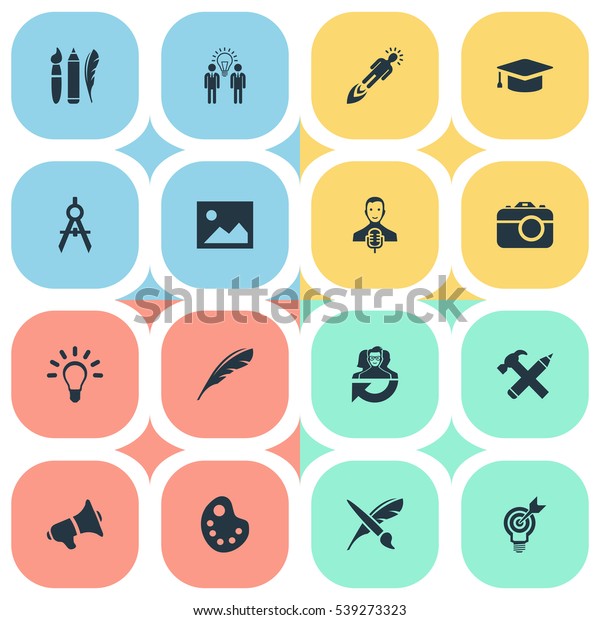 Set Of\
16 Simple Creative Thinking Icons. Can Be Found Such Elements As\
Image, Business Discussion, Photo Tool And\
Other.