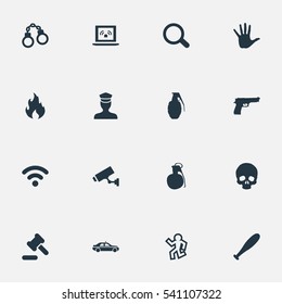 Set Of 16 Simple Crime Icons. Can Be Found Such Elements As Lock, Explosive, Grid And Other.