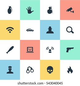 Set Of 16 Simple Crime Icons. Can Be Found Such Elements As Safety, Blaze, Internet And Other.