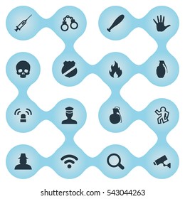Set Of 16 Simple Crime Icons. Can Be Found Such Elements As Dead Man, Baseball Bat, Volunteer And Other.