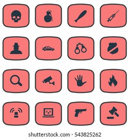 Set Of 16 Simple Crime Icons. Can Be Found Such Elements As Vaccine, Skeleton, Siren And Other.