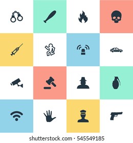 Set Of 16 Simple Crime Icons. Can Be Found Such Elements As Pistol, Skeleton, Explode And Other.