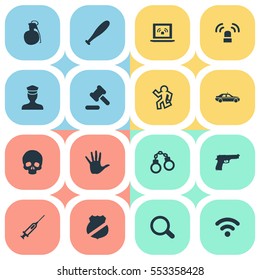 Set Of 16 Simple Crime Icons. Can Be Found Such Elements As Lock, Vaccine, Hammer And Other.