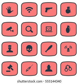 Set Of 16 Simple Crime Icons. Can Be Found Such Elements As Siren, Volunteer, Explode And Other.