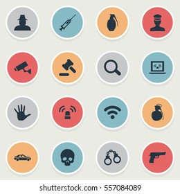 Set Of 16 Simple Crime Icons. Can Be Found Such Elements As Inspector, Siren, Grid And Other.