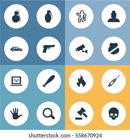 Set Of 16 Simple Crime Icons. Can Be Found Such Elements As Hammer, Baseball Bat, Grid And Other.