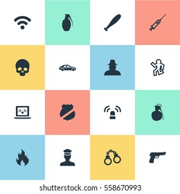 Set Of 16 Simple Crime Icons. Can Be Found Such Elements As Baseball Bat, Inspector, Vaccine And Other.