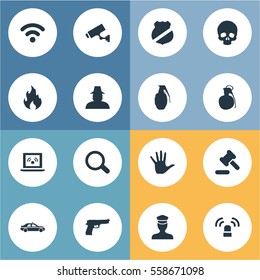 Set Of 16 Simple Crime Icons. Can Be Found Such Elements As Volunteer, Explosive, Inspector And Other.