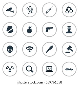 Set Of 16 Simple Crime Icons. Can Be Found Such Elements As Automobile, Pistol, Siren And Other.