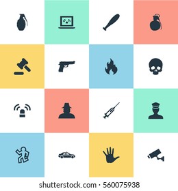 Set Of 16 Simple Crime Icons. Can Be Found Such Elements As Sheriff, Skeleton, Automobile And Other.