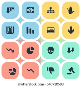 Set Of 16 Simple Crisis Icons. Can Be Found Such Elements As Line Chart, Net, Info Graph And Other.