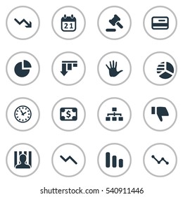Set Of 16 Simple Crisis Icons. Can Be Found Such Elements As Plastic Card, Penitentiary, Tribunal And Other.