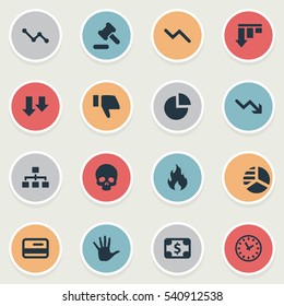 Set Of 16 Simple Crisis Icons. Can Be Found Such Elements As Finger Below, Net, Round Graph And Other.