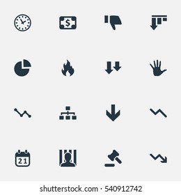 Set Of 16 Simple Crisis Icons. Can Be Found Such Elements As Info Graph, Fire, Descending And Other.