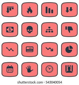 Set Of 16 Simple Crisis Icons. Can Be Found Such Elements As Finger Below, Head Bone, Penitentiary And Other.