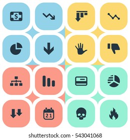 Set Of 16 Simple Crisis Icons. Can Be Found Such Elements As Head Bone, Net, Graph Decreases And Other.