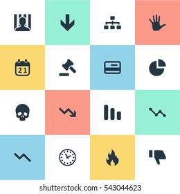 Set Of 16 Simple Crisis Icons. Can Be Found Such Elements As Tribunal, Clock, Downward And Other.